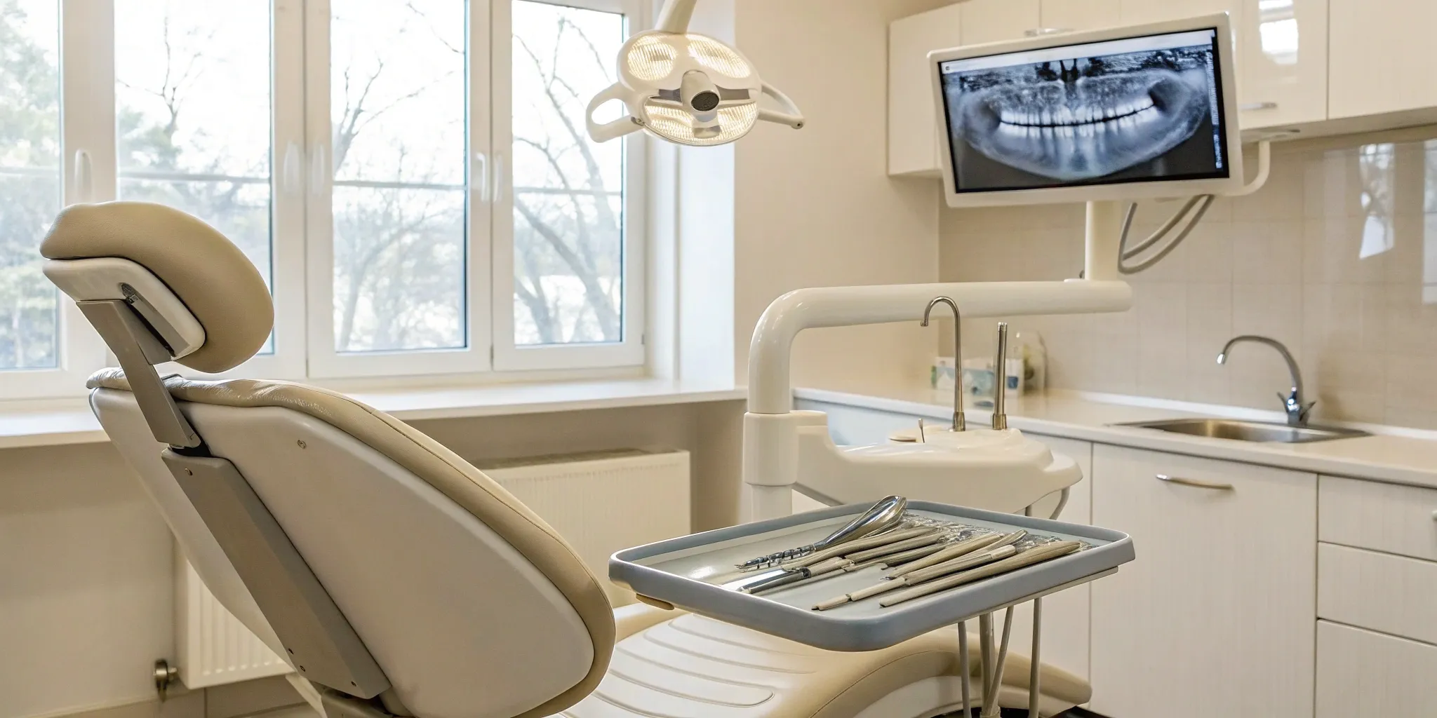 Full set of teeth implants in modern dental office.