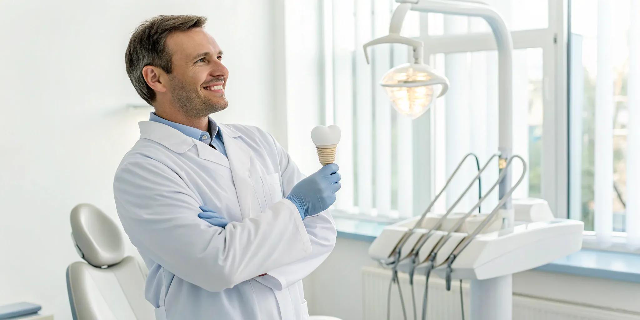 Best dental implant dentist showing implant model.