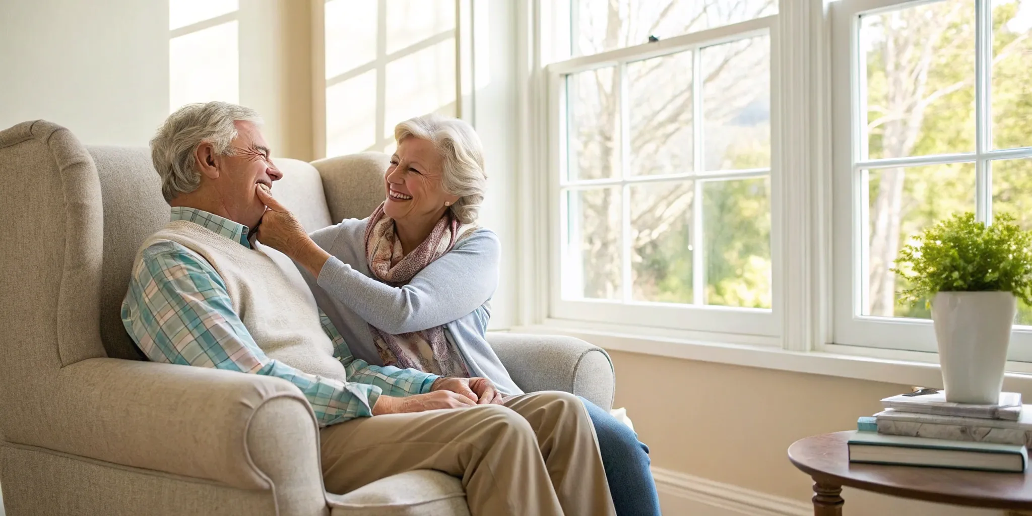 Confident senior couple smiling after dental implants.