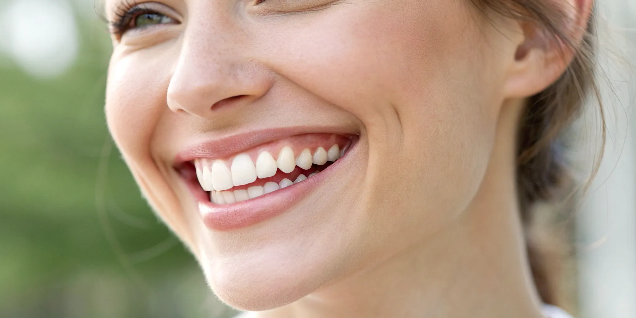 Types of false teeth: Woman smiling with new dentures.
