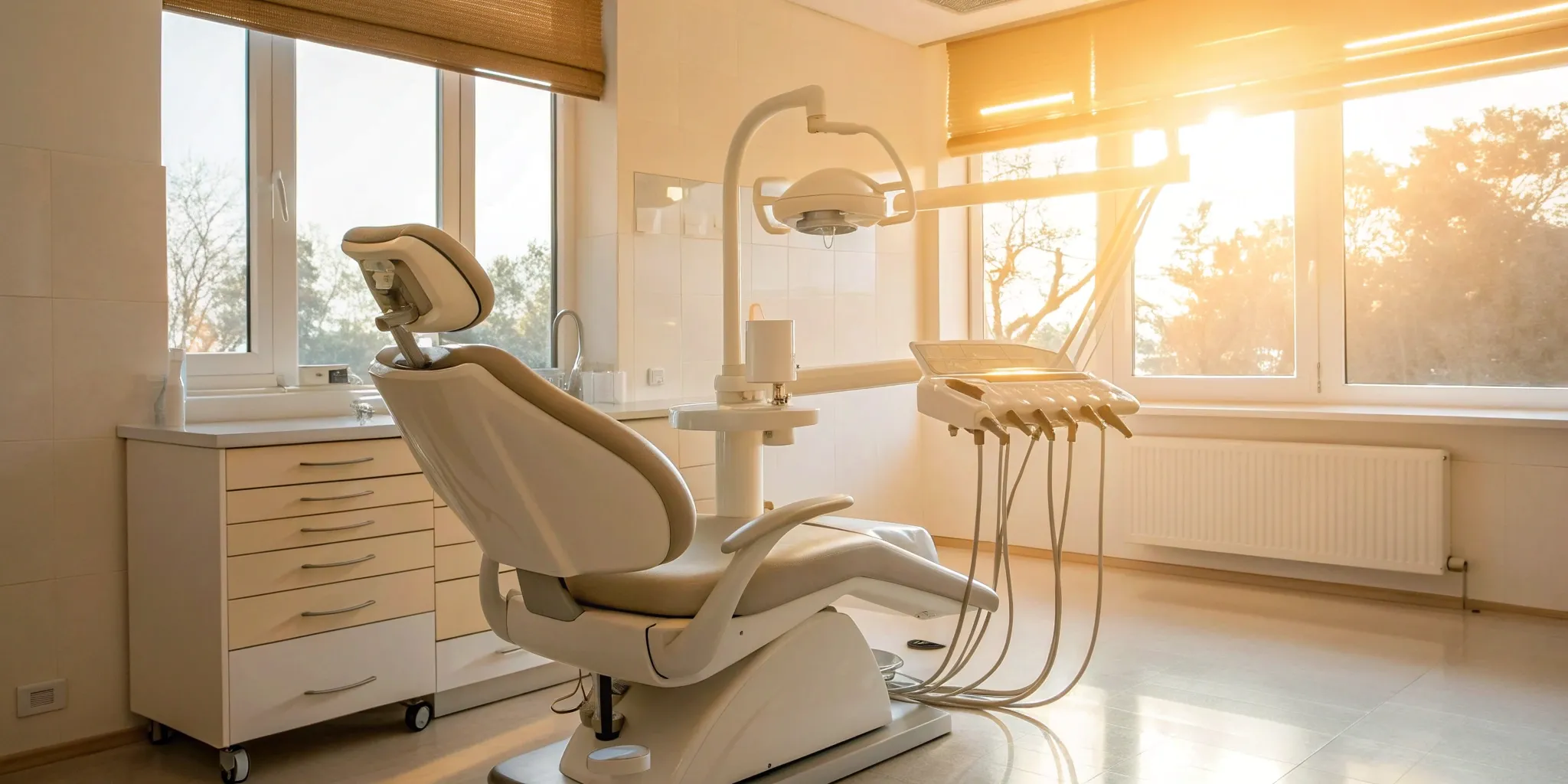 Permanent dental implant procedure in brightly lit dental office.